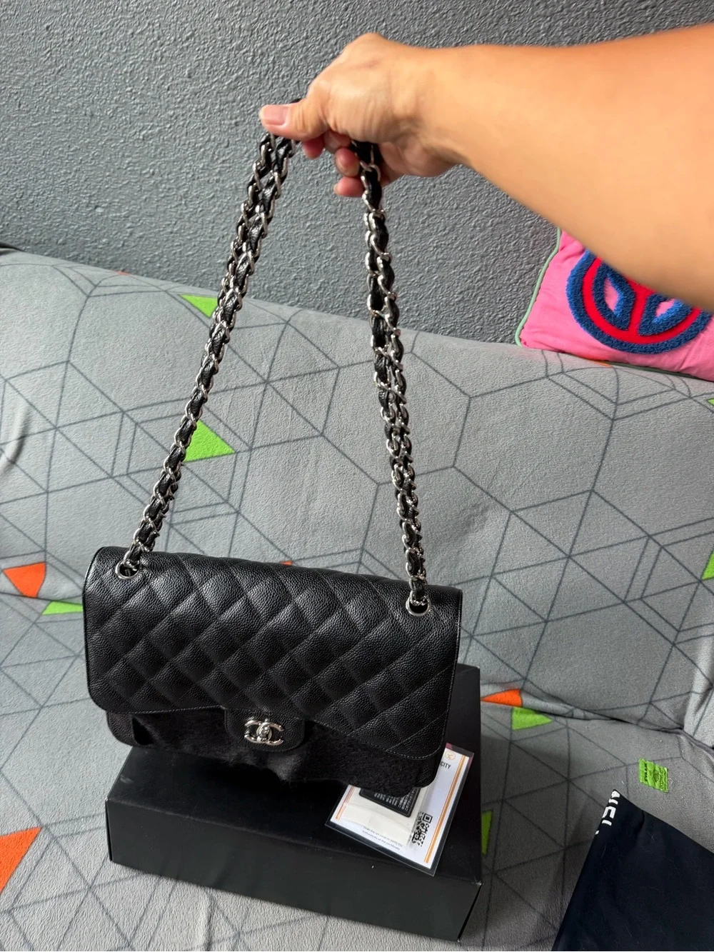 CHANEL Black Quilted Leather Chain Shoulder Bag/Jumbo double flap SHW